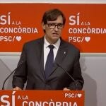 El líder del PSC en el Parlament, Salvador Illa, hoy, en rueda de prensa