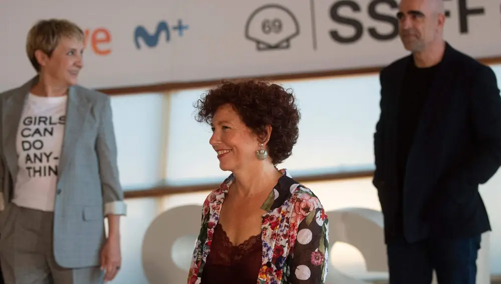 Blanca Portillo, Iciar Bollaín y Luis Tosar, durante la presentación de "Maixabel"