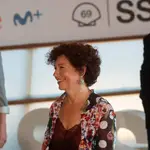 Blanca Portillo, Iciar Bollaín y Luis Tosar, durante la presentación de "Maixabel"