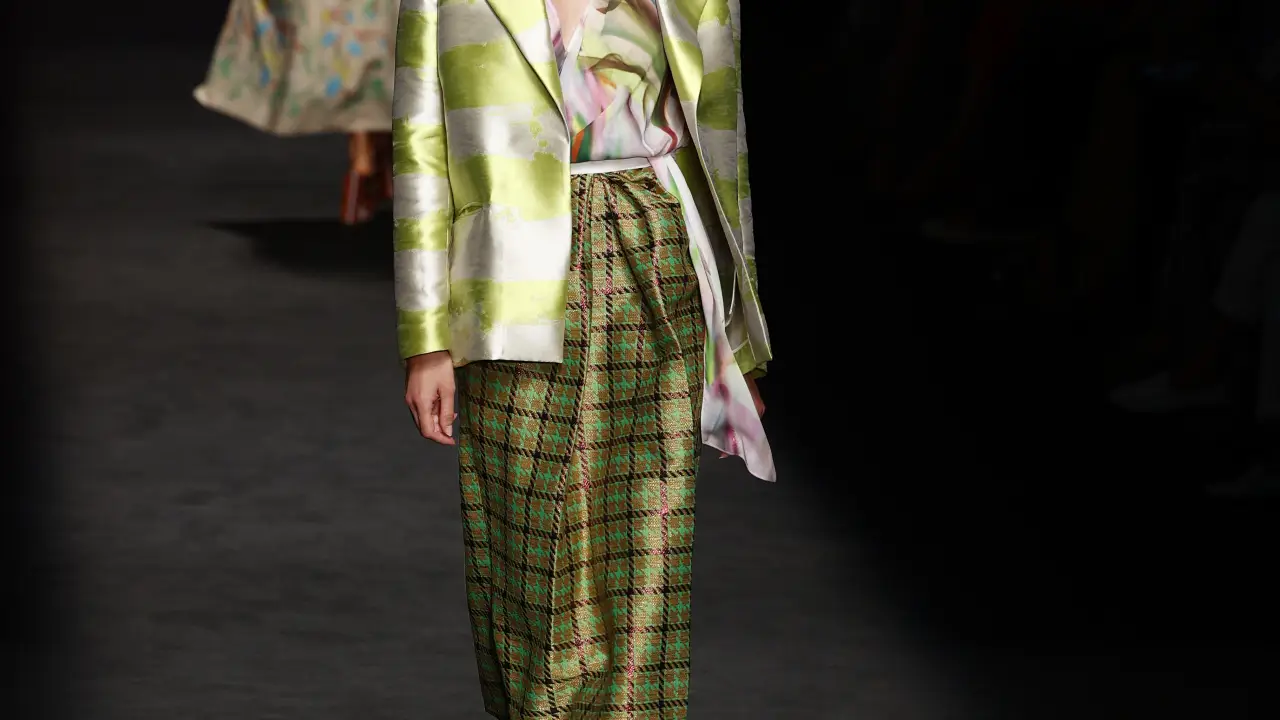 A model wears at collection runway a creation from “ Duyos “ during Pasarela Cibeles Mercedes-Benz Fashion Week Madrid 2021 in Madrid, on 16 September 2021.