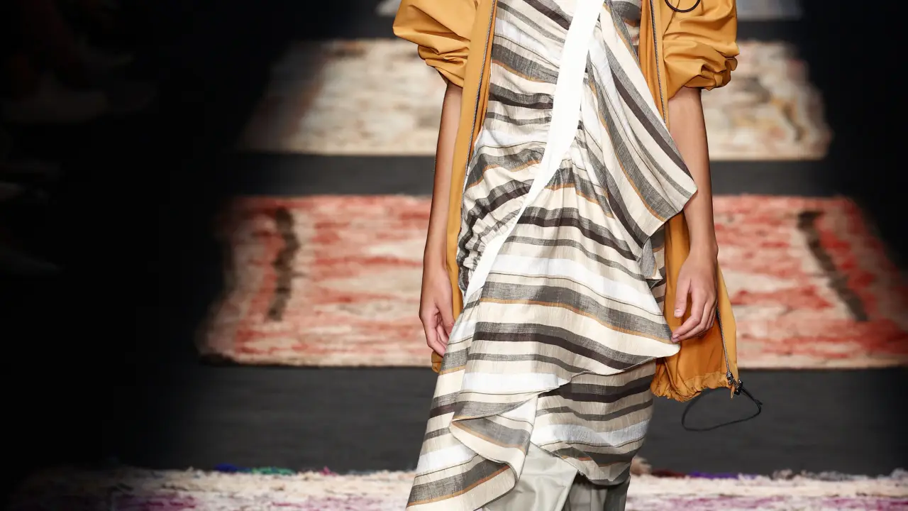A model wears at collection runway a creation from “ Duarte “ during Pasarela Cibeles Mercedes-Benz Fashion Week Madrid 2021 in Madrid,16 September 2021.