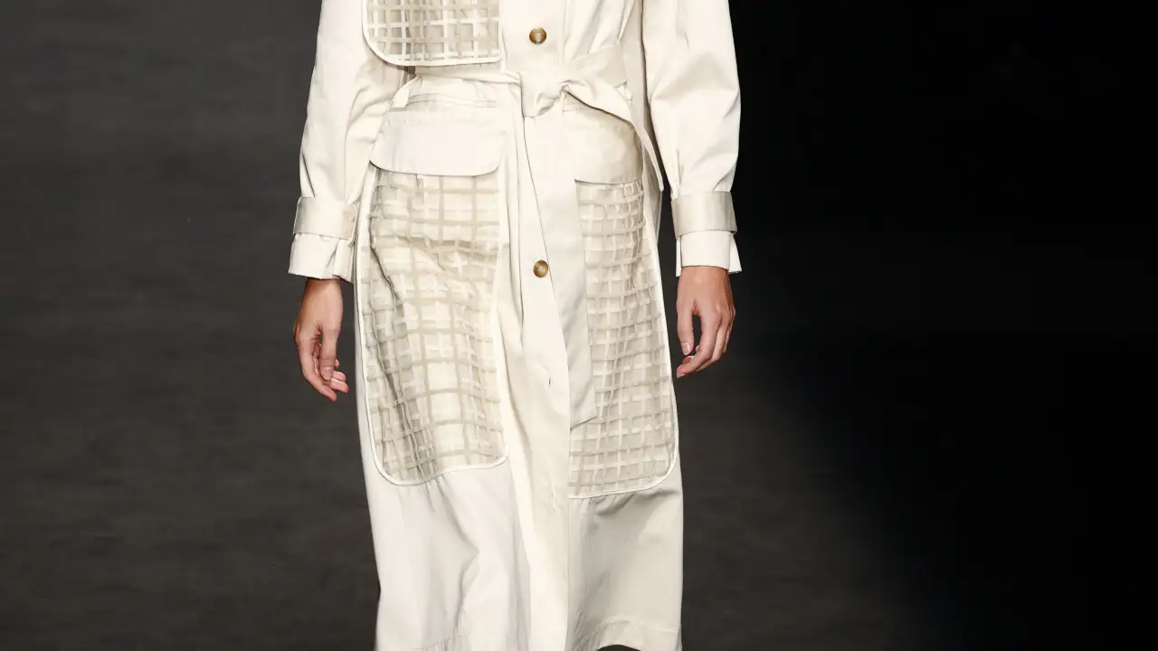A model wears at collection runway a creation from “ Otrura“ during Pasarela Cibeles Mercedes-Benz Fashion Week Madrid 2021 in Madrid, on 18 September 2021.