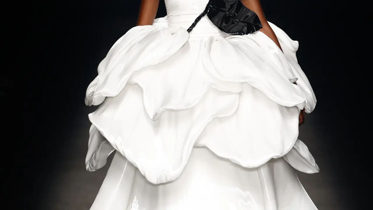 A model wears at collection runway a creation from “ Isabel Sanchis “ during Pasarela Cibeles Mercedes-Benz Fashion Week Madrid 2021 in Madrid, on 18 September 2021.