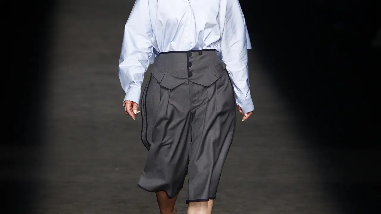 A model wears at collection runway a creation from “ Otrura“ during Pasarela Cibeles Mercedes-Benz Fashion Week Madrid 2021 in Madrid, on 18 September 2021.