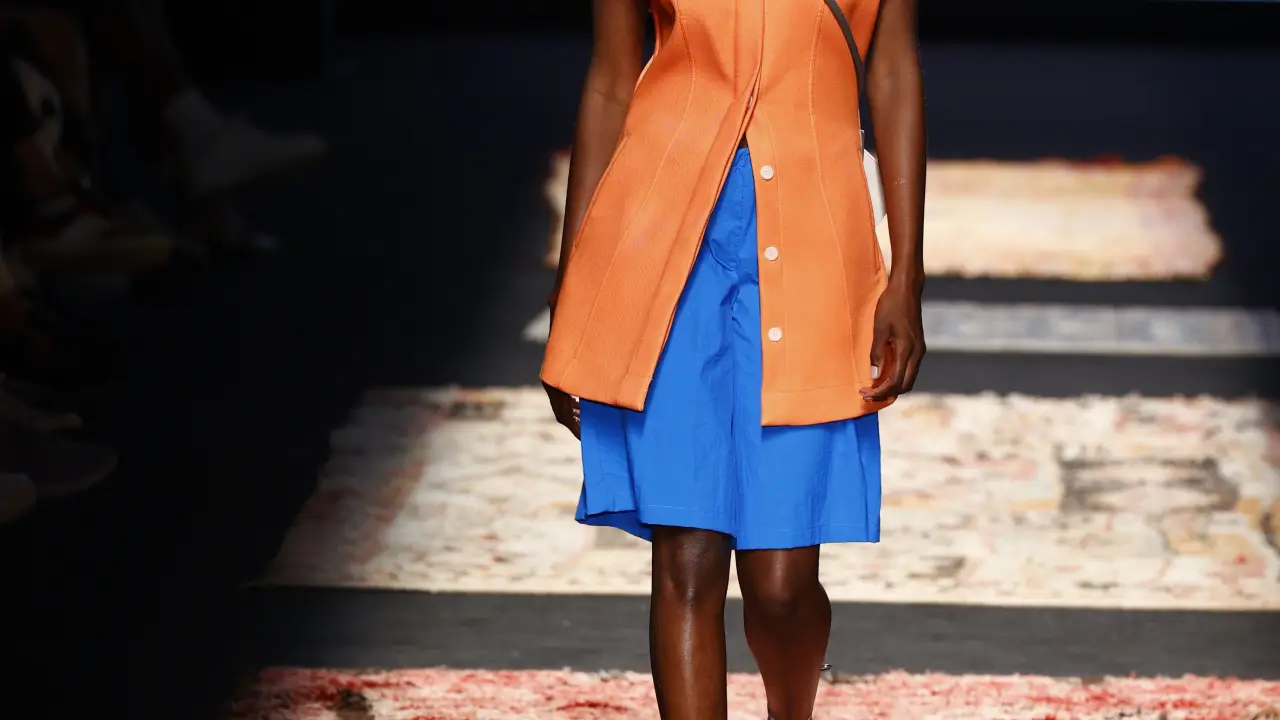 A model wears at collection runway a creation from “ Duarte “ during Pasarela Cibeles Mercedes-Benz Fashion Week Madrid 2021 in Madrid,16 September 2021.