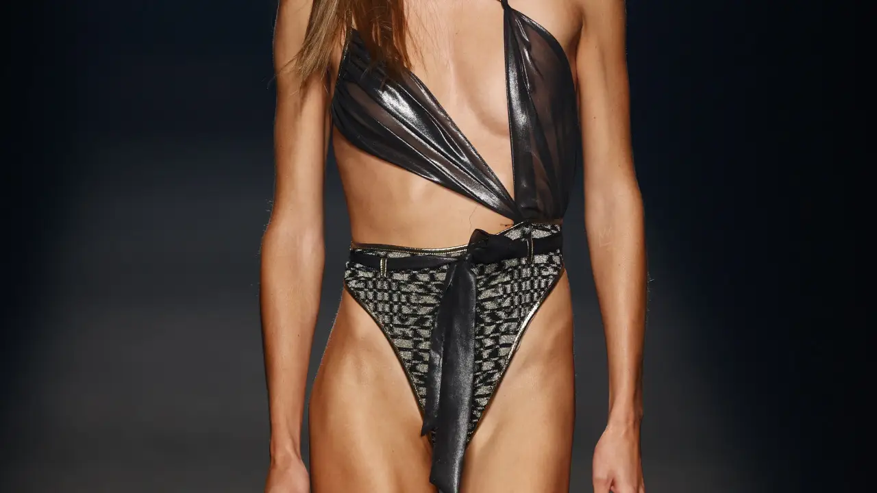 A model wears at collection runway a creation from “ Custo Barcelona“ during Pasarela Cibeles Mercedes-Benz Fashion Week Madrid 2021 in Madrid, on 18 September 2021.