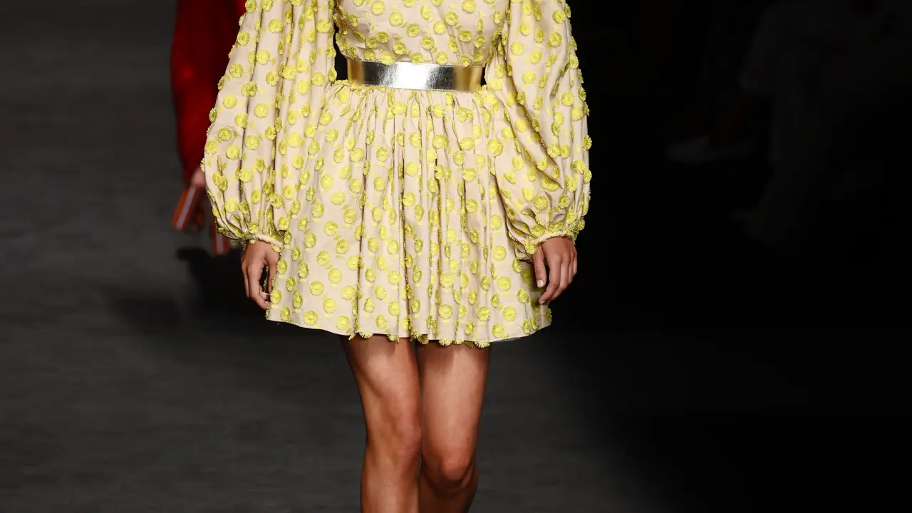 A model wears at collection runway a creation from “ Duyos “ during Pasarela Cibeles Mercedes-Benz Fashion Week Madrid 2021 in Madrid, on 16 September 2021.