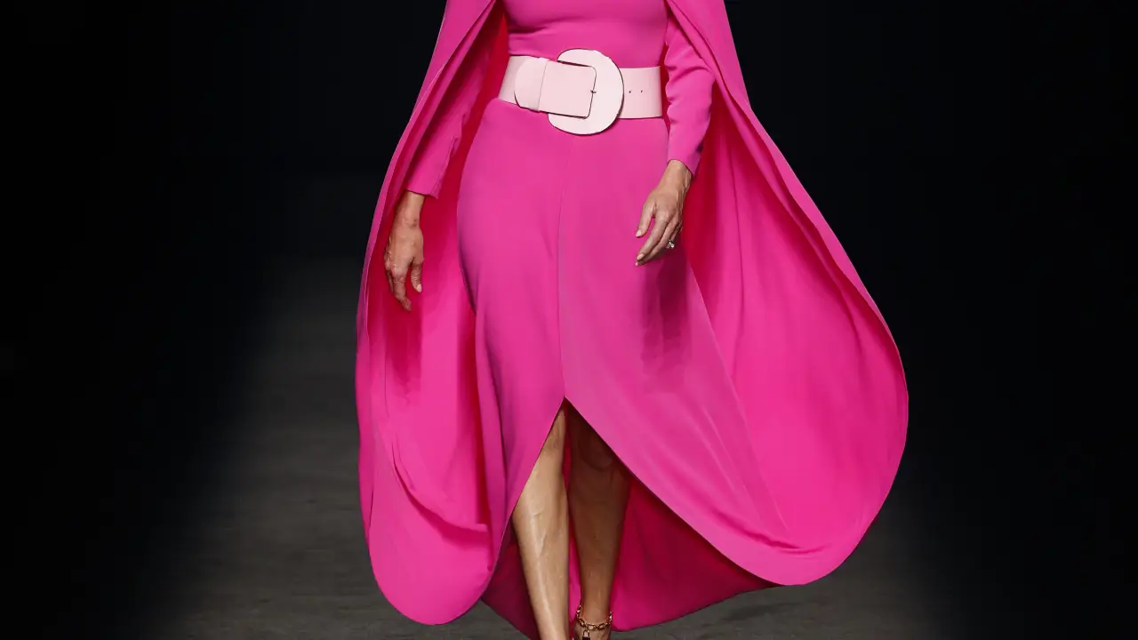 A model wears at collection runway a creation from “ Isabel Sanchis “ during Pasarela Cibeles Mercedes-Benz Fashion Week Madrid 2021 in Madrid, on 18 September 2021.