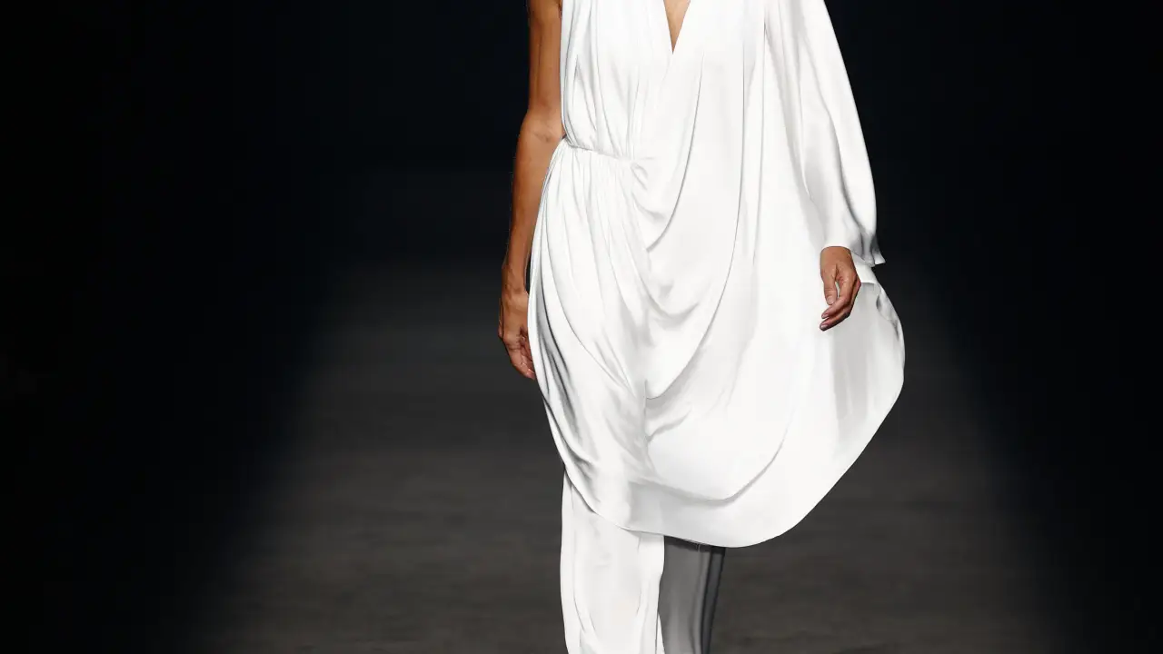 A model wears at collection runway a creation from “ Isabel Sanchis “ during Pasarela Cibeles Mercedes-Benz Fashion Week Madrid 2021 in Madrid, on 18 September 2021.