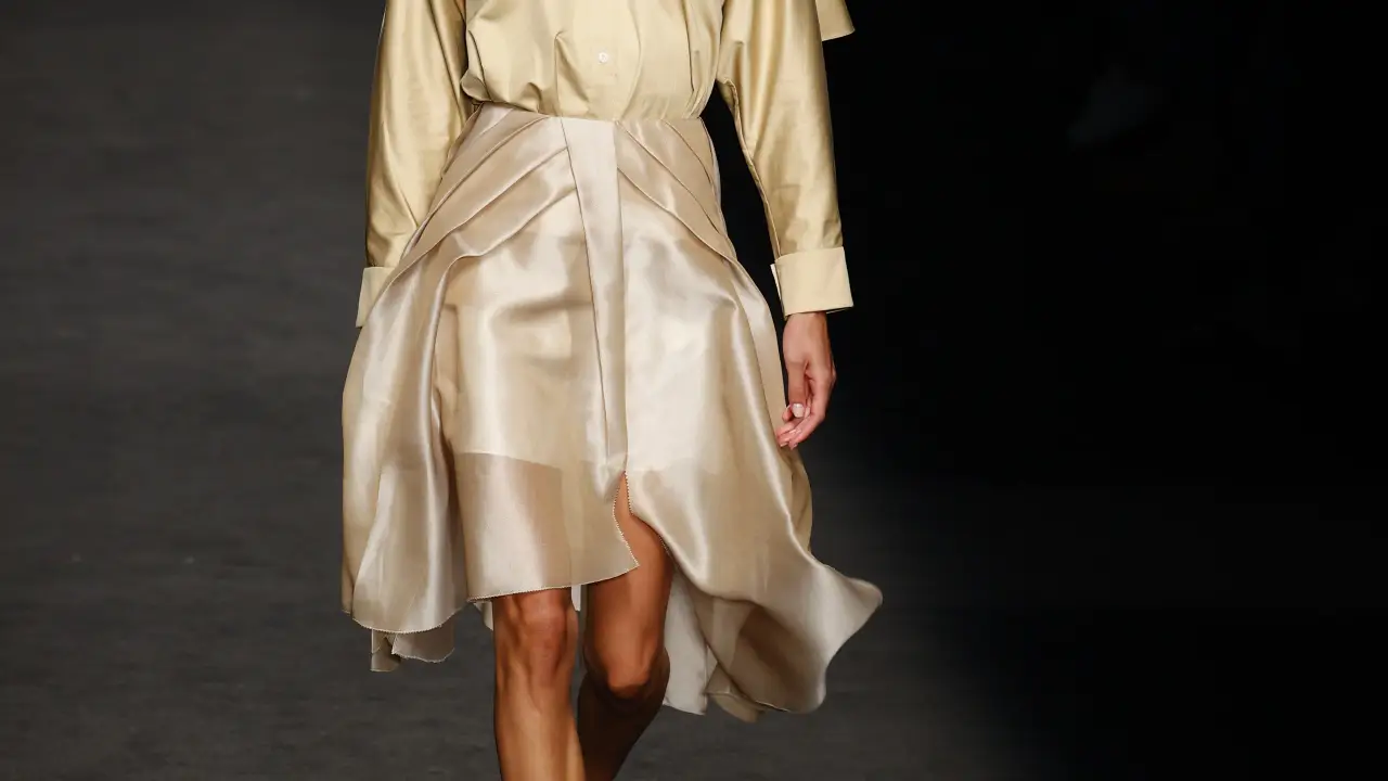 A model wears at collection runway a creation from “ Otrura“ during Pasarela Cibeles Mercedes-Benz Fashion Week Madrid 2021 in Madrid, on 18 September 2021.