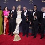 Moses Ingram, from left, Marielle Heller, Scott Frank, Anya Taylor-Joy, William Horberg, Mick Aniceto and Marcus Loges, winners of the award for outstanding directing for a limited or anthology series or movie for "The Queen's Gambit", pose at the 73rd Primetime Emmy Awards on Sunday, Sept. 19, 2021, at L.A. Live in Los Angeles. (AP Photo/Chris Pizzello)