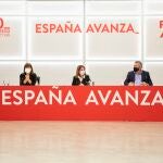 La presidenta de la Comisión Ejecutiva Federal del PSOE, Cristina Narbona (2i), junto al secretario de área de Relaciones Institucionales y Administraciones Públicas Alfonso Rodríguez Gómez de Celis (i), la vicesecretaria general, Adriana Lastra (c), el secretario de Organización, Santos Cerdán (2d), y la secretaria del Área del Igualdad, Carmen Calvo (d), durante su participación en la reunión de la Comisión Permanente de la Comisión Ejecutiva Federal del PSOE