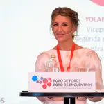 La vicepresidenta segunda del Gobierno y ministra de Trabajo, Yolanda Díaz, durante su intervención, esta mañana, en el VII encuentro Intergeneracional Foro de Foros.