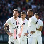 Lionel Messi, Marco Verratti, Neymar Jr of PSG during the French championship Ligue 1 football match between Stade Rennais and Paris Saint-Germain (PSG) on October 3, 2021 at Roazhon Park in Rennes, France - Photo Jean Catuffe / DPPIAFP7 03/10/2021 ONLY FOR USE IN SPAIN