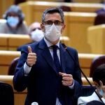 El ministro de la Presidencia, Relaciones con las Cortes y Memoria Democrática, Félix Bolaño, durante una sesión de control en el pleno del Senado este martes en Madrid.