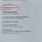 Fragmento del informe médico entregado a la paciente