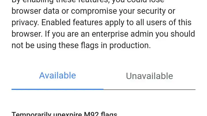 Este es el menú con las funciones experimentales de Chrome en Android.