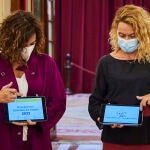 La ministra de Hacienda, María Jesus Montero y la Presidenta del Congreso, Meritxell Bátet, presentan la Entrega del Proyecto de Presupuestos Generales del Estado para 2022.La Ministra se reafirma en que el récord en gasto social es compatible con la reducción del déficit.