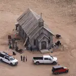 This aerial photo shows the Bonanza Creek Ranch in Santa Fe, N.M., Saturday, Oct. 23, 2021. Actor Alec Baldwin fired a prop gun on the set of a Western being filmed at the ranch on Thursday, Oct. 21, killing the cinematographer, officials said. (AP Photo/Jae C. Hong)