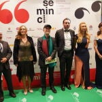 El alcalde de Valladolid, Óscar Puente; la delegada del Gobierno, Virginia Barcones, Ana Redondo, Javier Ángulo y Emilio Álvarez, entre otros, durante la clausura de la Seminci