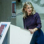 La vicepresidenta segunda y ministra de Trabajo y Economía Social, Yolanda Díaz, durante la clausura de la 2ª Asamblea General de RUGE-Revolución Ugetista, en la sede de UGT, a 4 de noviembre de 2021, en Madrid