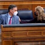 El presidente del Gobierno, Pedro Sánchez, y la vicepresidenta segunda y ministra de Trabajo y Economía Social, Yolanda Díaz