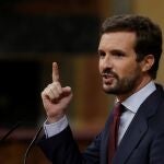 El líder del Partido Popular, Pablo Casado durante su intervención en el Congreso