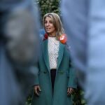 La vicepresidenta segunda y ministra de Trabajo y Economía Social, Yolanda Díaz, ofrece declaraciones a los medios a su llegada a la inauguración de las Jornadas de Acción Sindical y Negociación Colectiva 2022, en el Hotel NH Madrid Ventas,