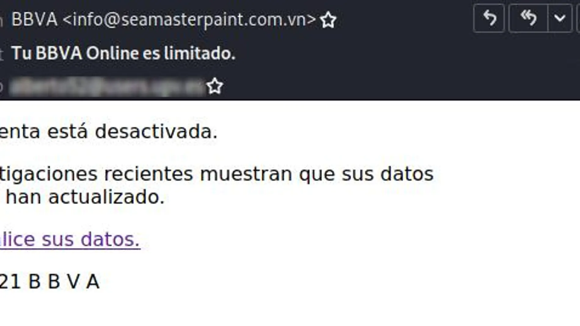Uno de los mails fraudulentos que reciben las víctimas para dirigirlas hacia la web fraudulenta.