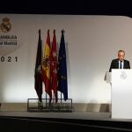 El presidente del Real Madrid, Florentino Pérez, interviene durante las Asambleas Ordinaria y Extraordinaria de Socios Representantes del club