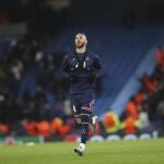 PSG substitute Sergio Ramos, who did not play, warms down after the Champions League group A soccer match between Manchester City and Paris Saint-Germain at the Etihad Stadium in Manchester, England, Wednesday, Nov. 24, 2021. (AP Photo/Scott Heppell)