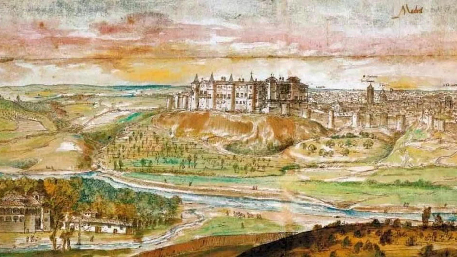 Dibujo de Anton van den Wyngaerde de la segunda mitad del siglo XVI, en el que se aprecian los cubos y lienzos de la muralla de la ciudad