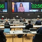 La ministra de Sanidad, Carolina Darias, durante su intervención en la Asamblea Extraordinaria de la Organización Mundial de la Salud (OMS)