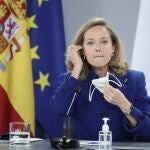 La vicepresidenta primera y ministra de Asuntos Económicos y Transformación Digital, Nadia Calviño, en una rueda de prensa tras la reunión del Consejo de Ministro