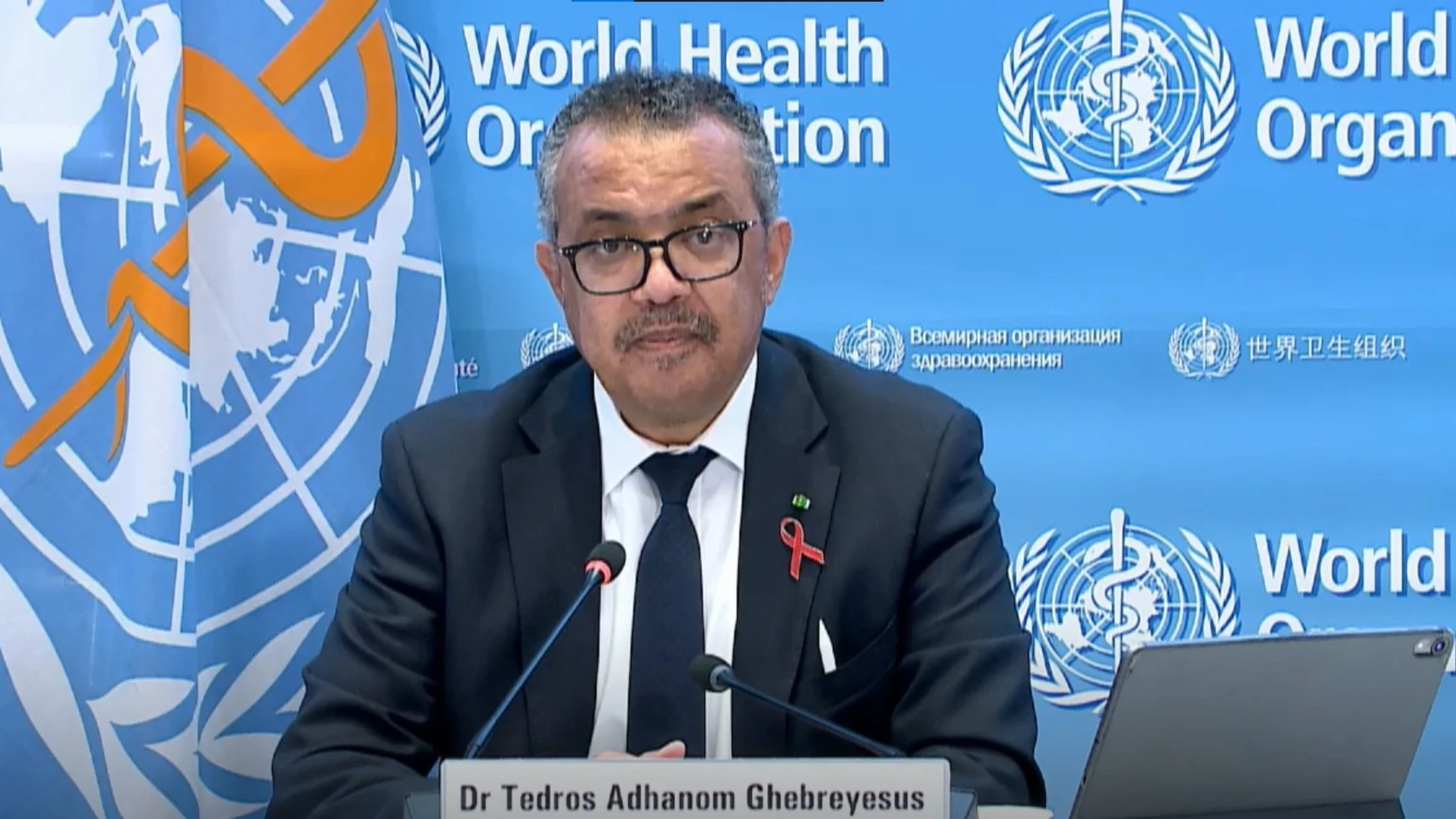 El director general de la Organización Mundial de la Salud (OMS), Tedros A. Ghebreyesus, en rueda de prensa tras la Asamblea Mundial de la Salud. A 1 de diciembre de 2021