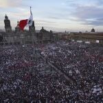 Mexican President Andres Manuel Lopez Obrador speaks to the crowd at a rally to commemorate his third anniversary in office, in the main square of the capital, the Zocalo, in Mexico City, Wednesday, Dec. 1, 2021. (Photo AP/Marco Ugarte)