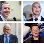 El fundador de Meta (nuevo nombre de Facebook), Mark Zuckerberg; el fundador de Amazon, Jeff Bezos; el consejero delegado de Microsoft, Satya Nadella, y el fundador de Tesla, Elon Musk | Fuente: EFE/Erik Lesser/Britta Pedersen/Christophe Petit