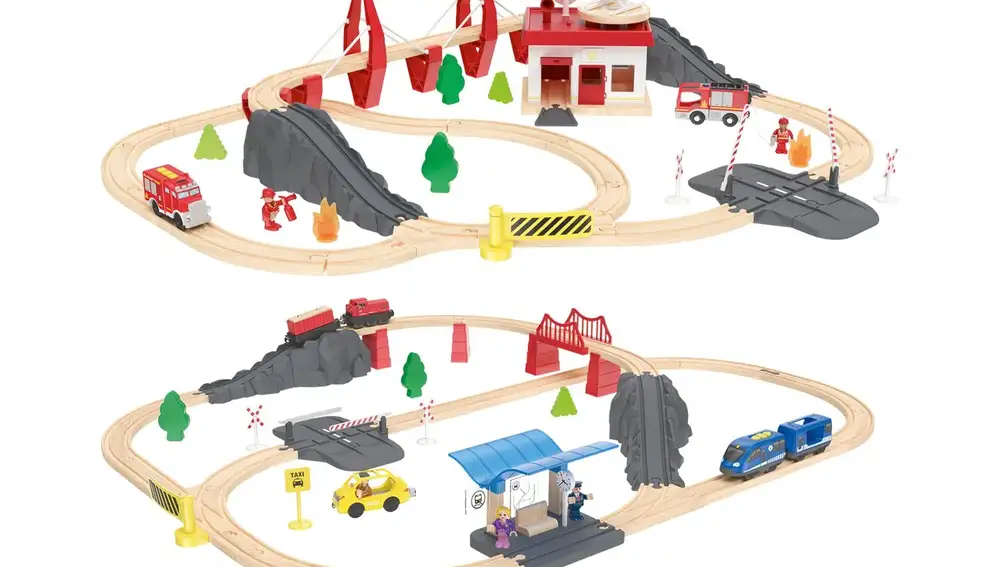 Juguete de vías, trenes y coches de madera