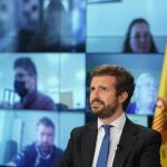 El líder del PP, Pablo Casado durante la rueda de prensa telemática en Génova
