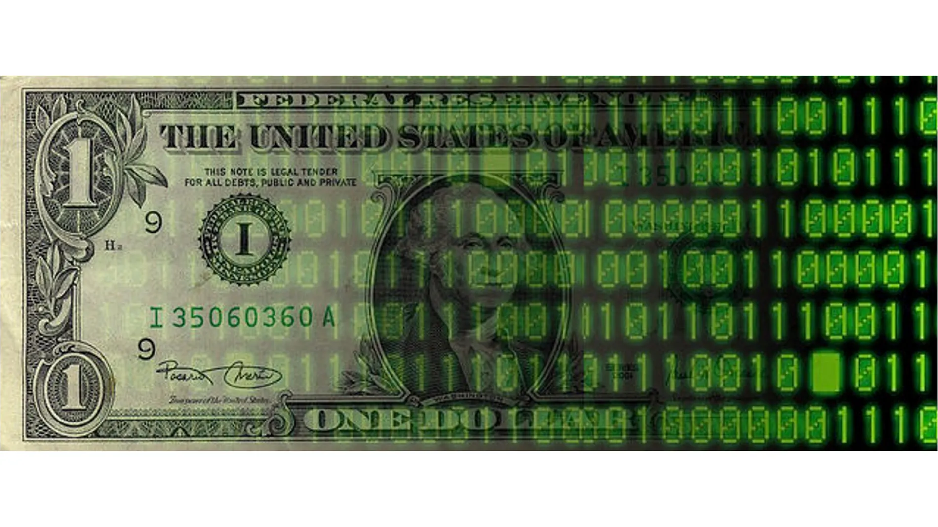Un billete de dólar se funde en un código de ceros y unos