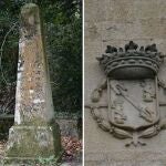 El monolito que se colocó en el jardín por la visita de Alfonso XIII en 1927 y un escudo del Ducado de Franco