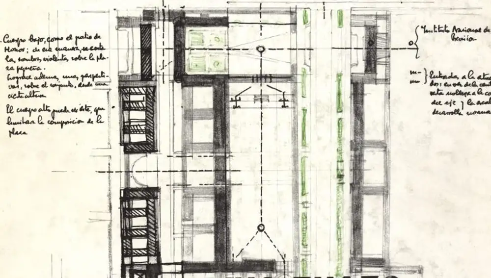 Boceto de los Nuevos Ministerios en un dibujo del autor de la Revista Arquitectura de 1970