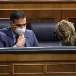 Pedro Sánchez y Yolanda Díaz, durante el debate de Presupuestos en el Congreso