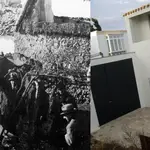 Guardias de asalto y periodistas, en la choza de Francisco Cruz Gutiérrez, «Seisdedos», cuyo solar es hoy aledaño al hotel Utopía