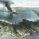 Recreación artística de Ann Ronan que ayuda a completar visualmente el episodio histórico en el que la isla de Thera (actual Santorini) quedó debastada por una erupción volcánica