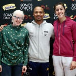 Susana Rodriguez, Ray Zapata and Carolina Marin pose for photo during an interview for Europa Press in an act against bulling at CSD building on January 23, 2022, in Madrid, Spain. AFP7 02/02/2022 ONLY FOR USE IN SPAIN