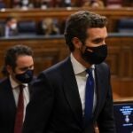 MADRID, 03/02/2022.- El líder del PP, Pablo Casado, durante el pleno del Congreso de los Diputados, que ha debatido y votado la convalidación de la reforma laboral pactada por el Gobierno con los agentes sociales, este jueves en Madrid. EFE/Kiko Huesca
