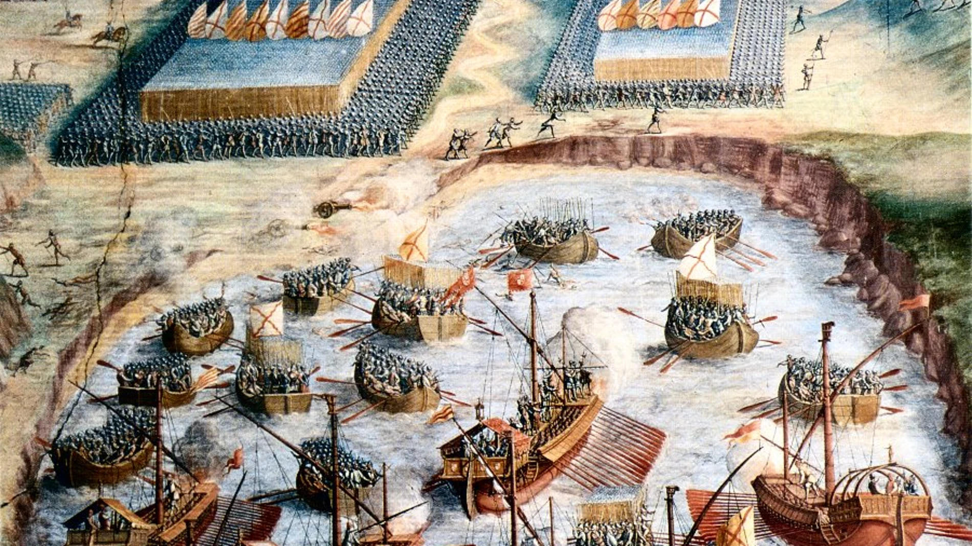 Desembarco de los tercios en Terceira (Azores) en 1583. Fresco de Niccolò Granello, Sala de las Batallas, Monasterio de San Lorenzo de El Escorial