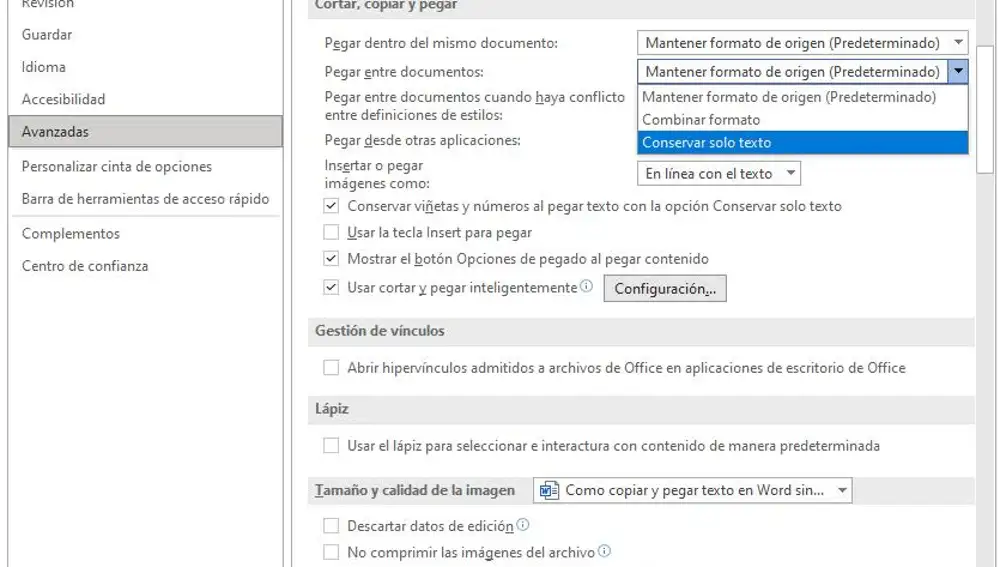 La configuración que debes escoger en las opciones de Word para que la función Pegar deje de ser engorrosa.