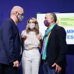 (I-D) El secretario general del sindicato CCOO, Unai Sordo; la vicepresidenta segunda del Gobierno y ministra de Trabajo y Economía Social, Yolanda Díaz y el secretario general de UGT, Pepe Álvarez